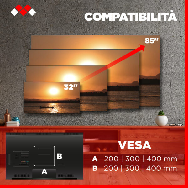 Meliconi 400F, Supporto TV Parete Fisso per TV a Schermo Piatto da 32" a 85", Staffa TV con VESA 200-300-400, Portata 60 Kg, Nero