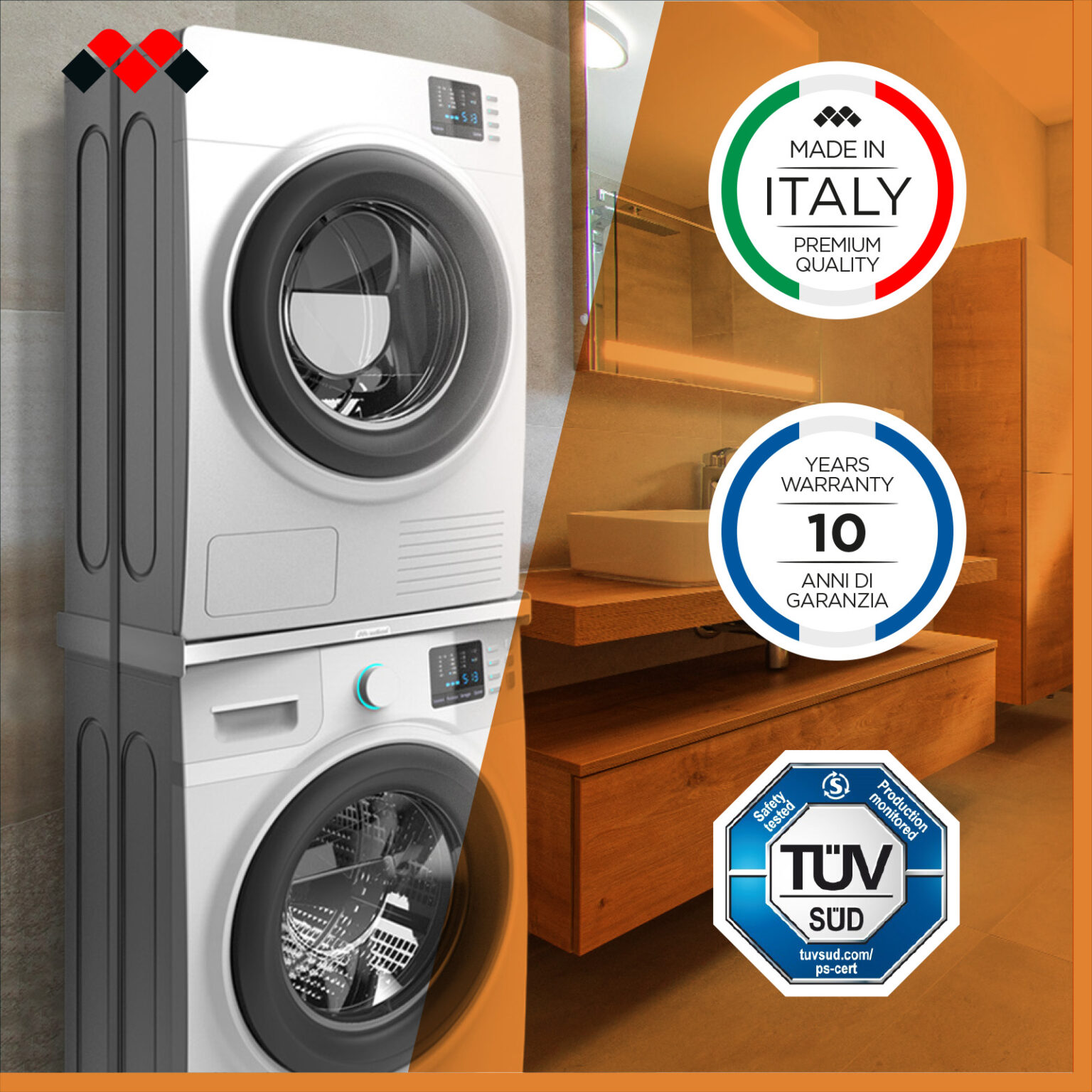 Kit Sovrapposizione Lavatrice Asciugatrice Slim IGenio - Universale 60x45 Cm, Antivibrazioni, Con Cinghia Sicurezza 5m, Art.958
