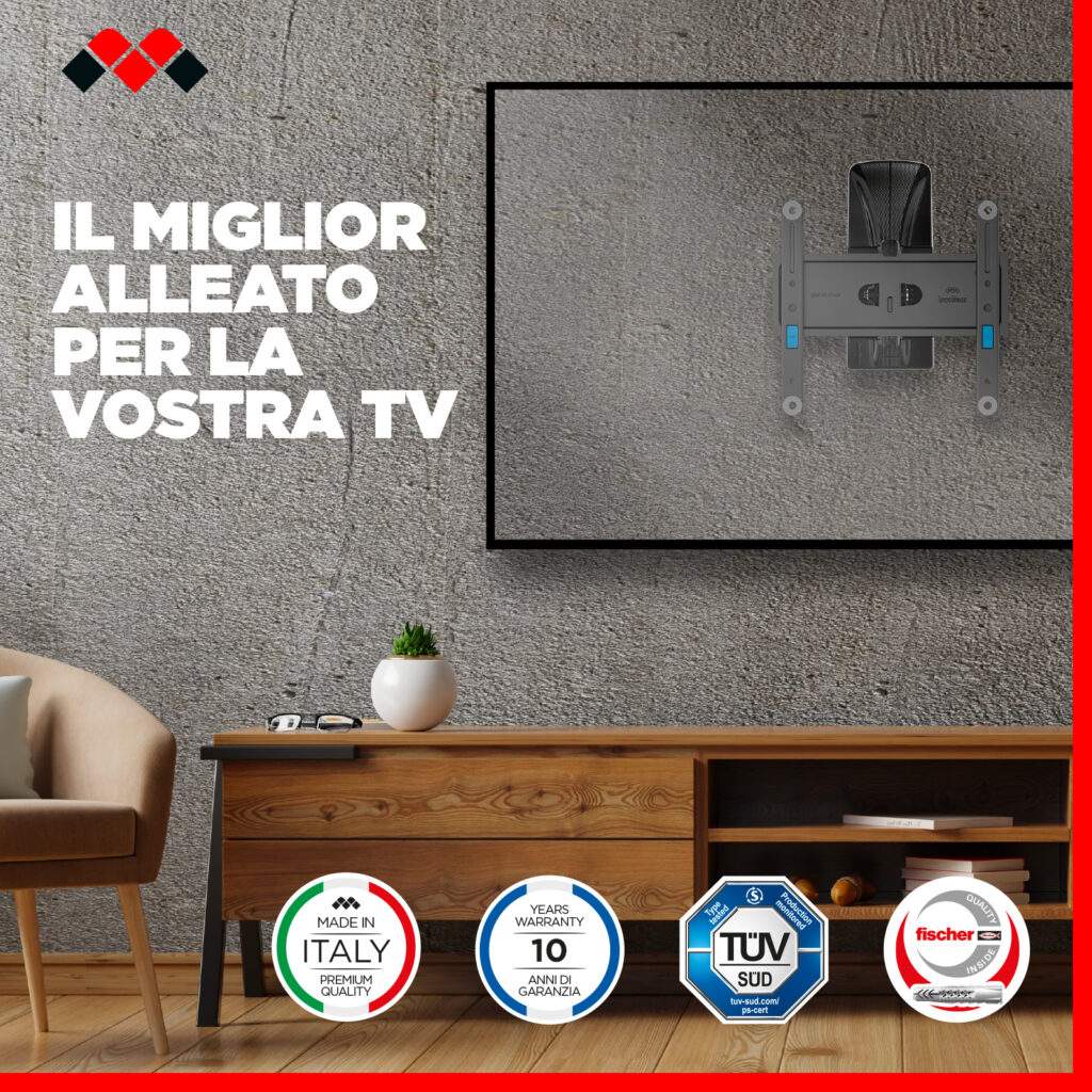 Supporto TV Meliconi Slimstyle Plus 200 SDR – Da 26″ A 45″, VESA 50-200, Braccio Girevole, 25 Kg, Made In Italy