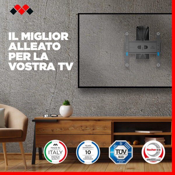 Supporto TV Parete con Braccio e Doppia Rotazione, Staffa per TV a Schermo Piatto da 26" a 45", Attacco VESA 50-75-100-200, Portata 25 Kg, Made in Italy, Nero