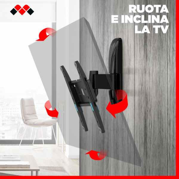 Meliconi Space System Turn 200, Supporto TV Parete, Staffa TV 26"-45", VESA 50-75-100-200, Portata Max 30 Kg, Rotazione Verticale -5°/+12°, Rotazione Orizzontale ±25°, Fast Block System Sicuro